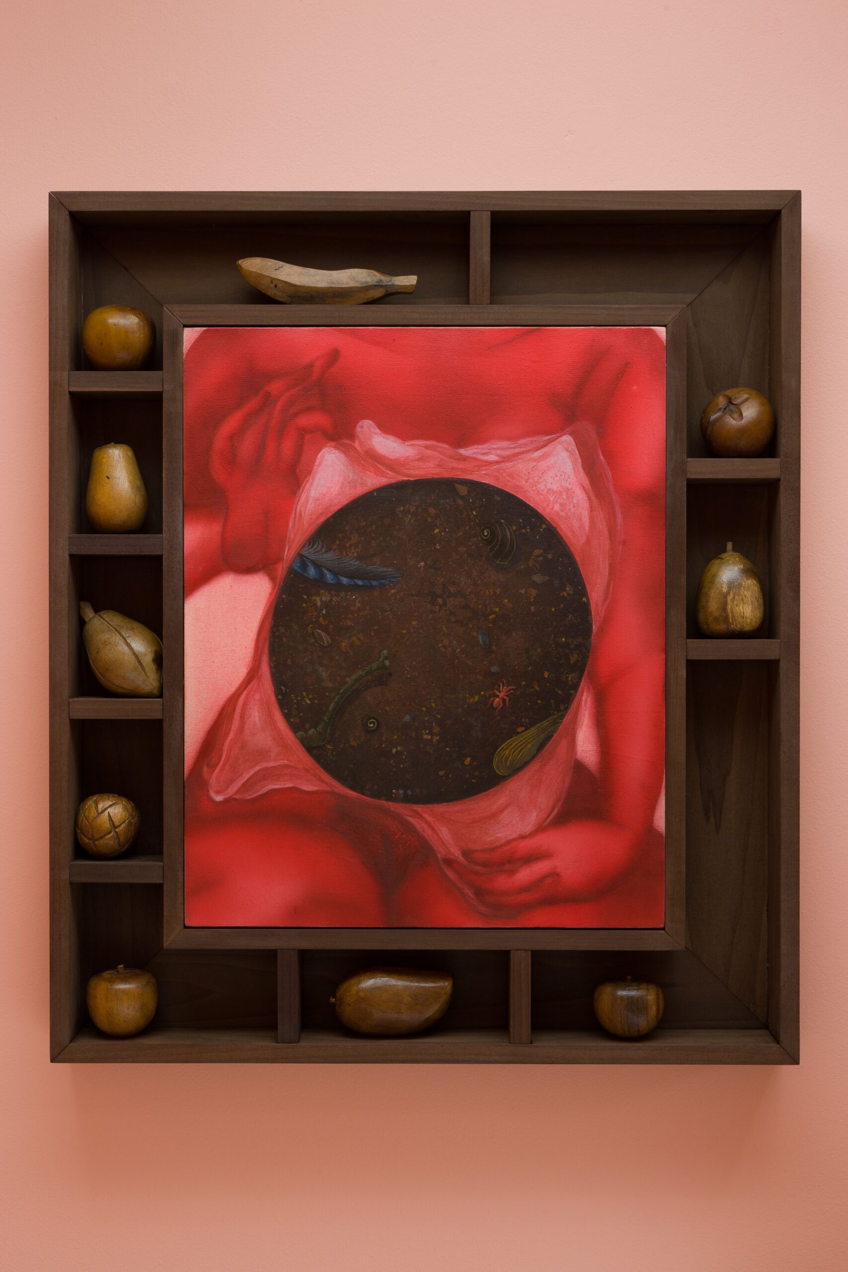 Acrylic and ink on canvas, wooden fruit in tulipwood frame, 79 x 68 cm, 2022